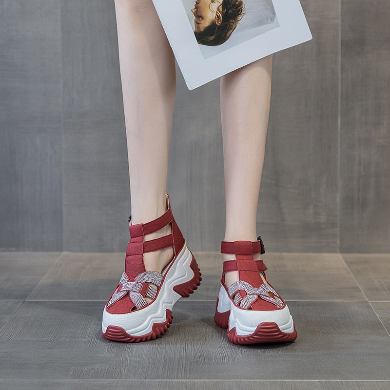 Women Rhinestones Genuine Leather Chunky Shoes