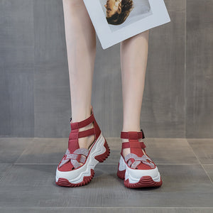 Women Rhinestones Genuine Leather Chunky Shoes