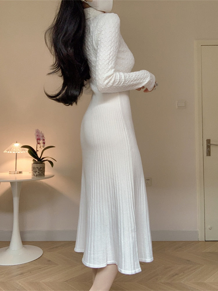 Women Slim A-line Knitted Mid-length Sweater Dress