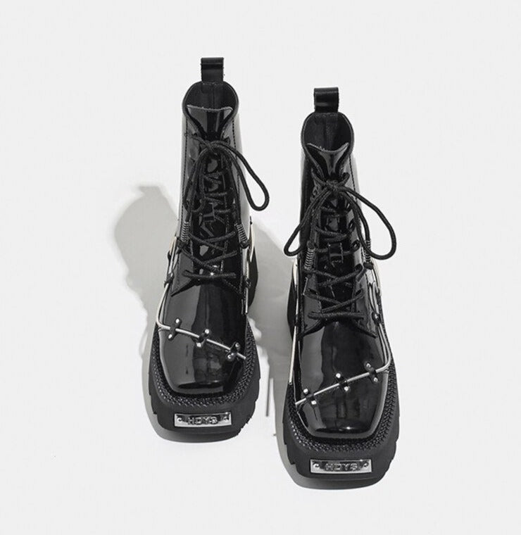 Women Ankle Lace Up Metal Glossy Casual Boots
