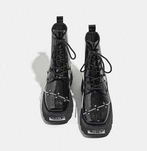 Women Ankle Lace Up Metal Glossy Casual Boots