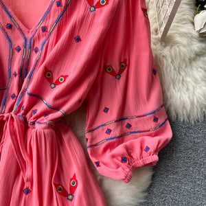 Women Floral Embroidery Boho Vintage Dress