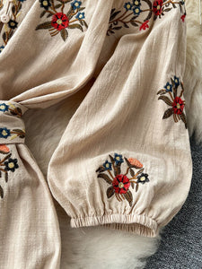Women Retro Embroidery Bubble Sleeve Dress