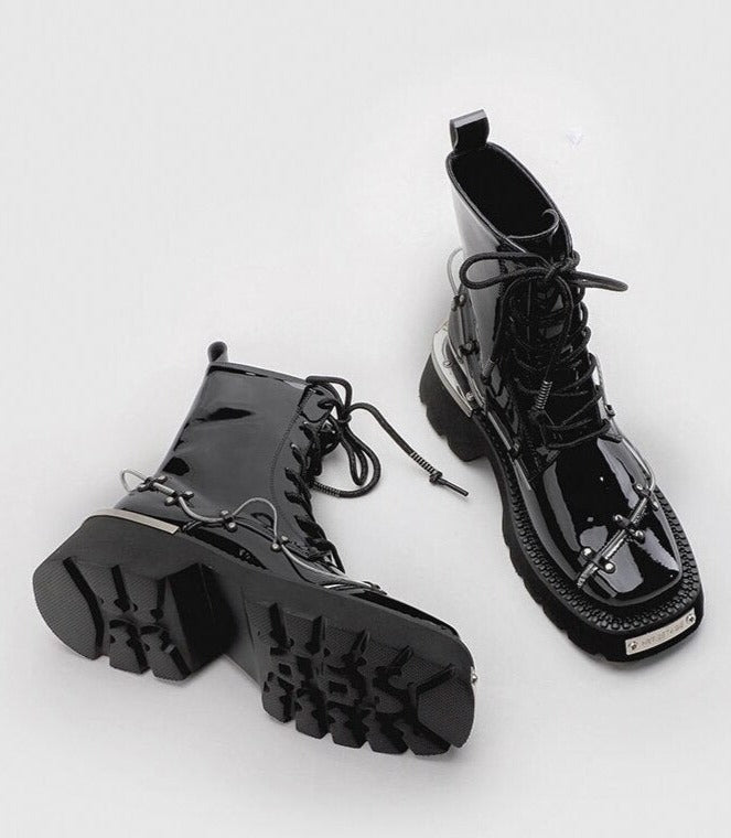 Women Ankle Lace Up Metal Glossy Casual Boots