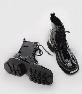 Women Ankle Lace Up Metal Glossy Casual Boots