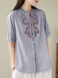 Women Vintage Embroidery Loose Shirt