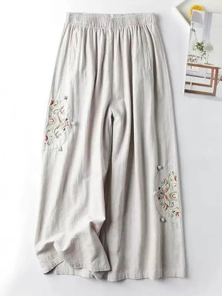 Women Floral Embroidery Loose Wide Leg Pants