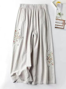 Women Floral Embroidery Loose Wide Leg Pants