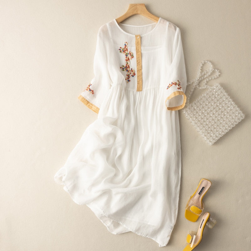Women Floral Embroidered Vintage Cotton Dress