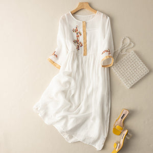 Women Floral Embroidered Vintage Cotton Dress