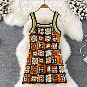 Woman Crochet Floral Strap Plaid Dress