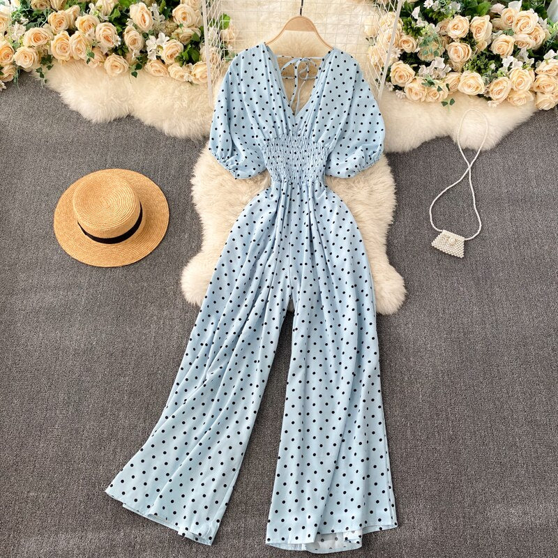 Women Polka Dot Romper Elegant V-Neck Jumpsuit
