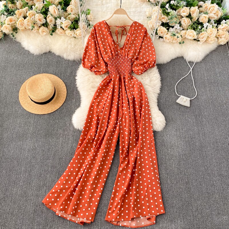 Women Polka Dot Romper Elegant V-Neck Jumpsuit