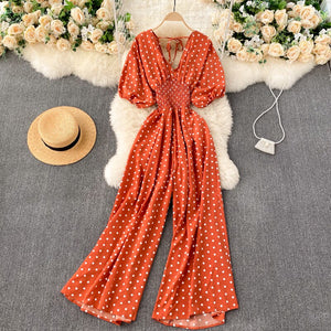 Women Polka Dot Romper Elegant V-Neck Jumpsuit