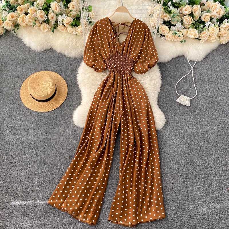 Women Polka Dot Romper Elegant V-Neck Jumpsuit