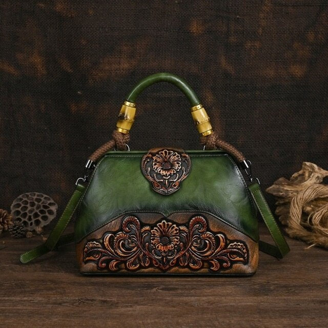 Women Vintage Leather Handmade Carved Bag