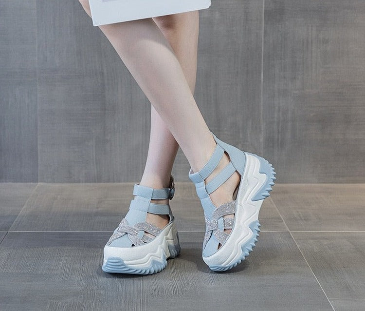 Women Rhinestones Genuine Leather Chunky Shoes