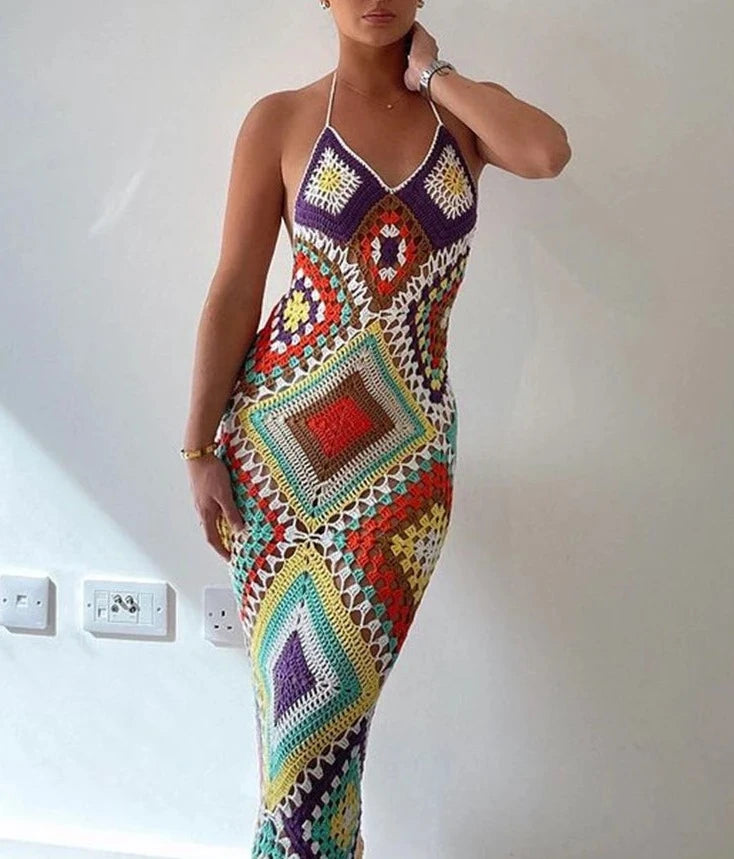 Women Bohemian Handmade Crochet Knitted Maxi Dress