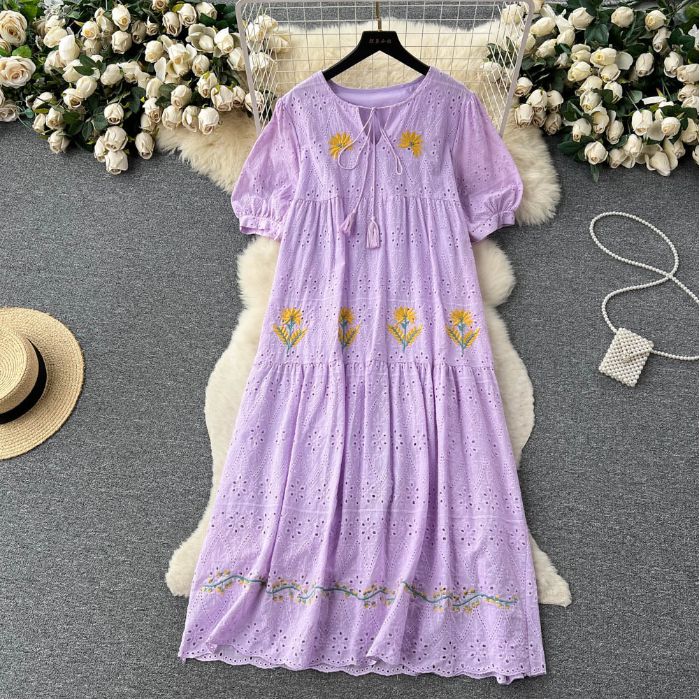 Women Vintage Embroidered Bubble Sleeves Dress