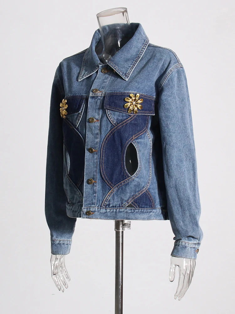 Women Floral Vintage Hollow Out Denim Jackets