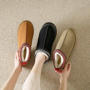 Women Retro Suede Leather Canvas Winter Slippers