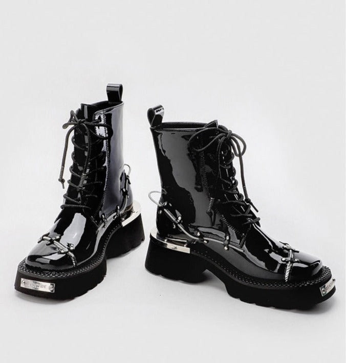 Women Ankle Lace Up Metal Glossy Casual Boots