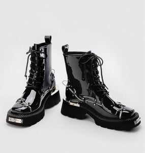 Women Ankle Lace Up Metal Glossy Casual Boots