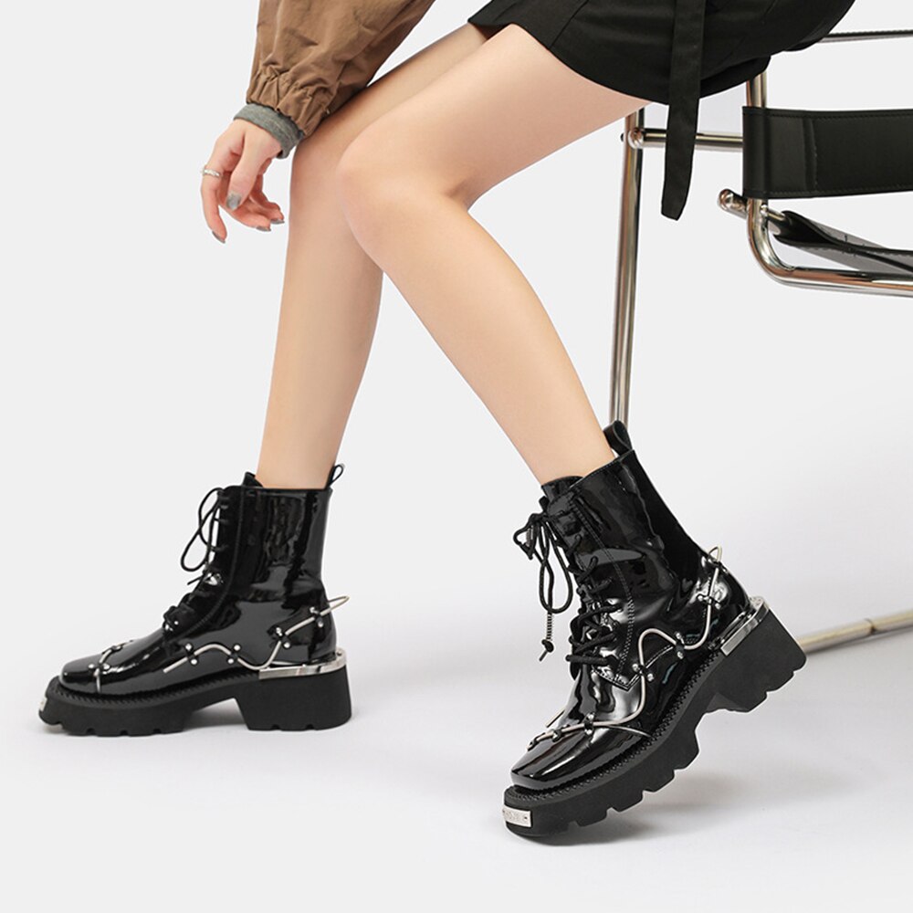Women Ankle Lace Up Metal Glossy Casual Boots