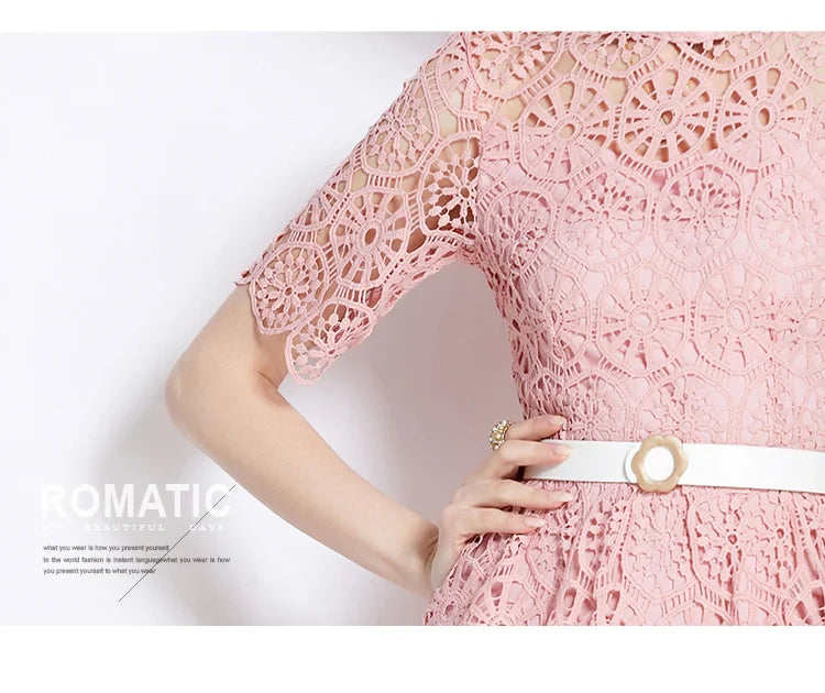 Women Chic Short Sleeve Lace Hollow Out Vestidos Dress