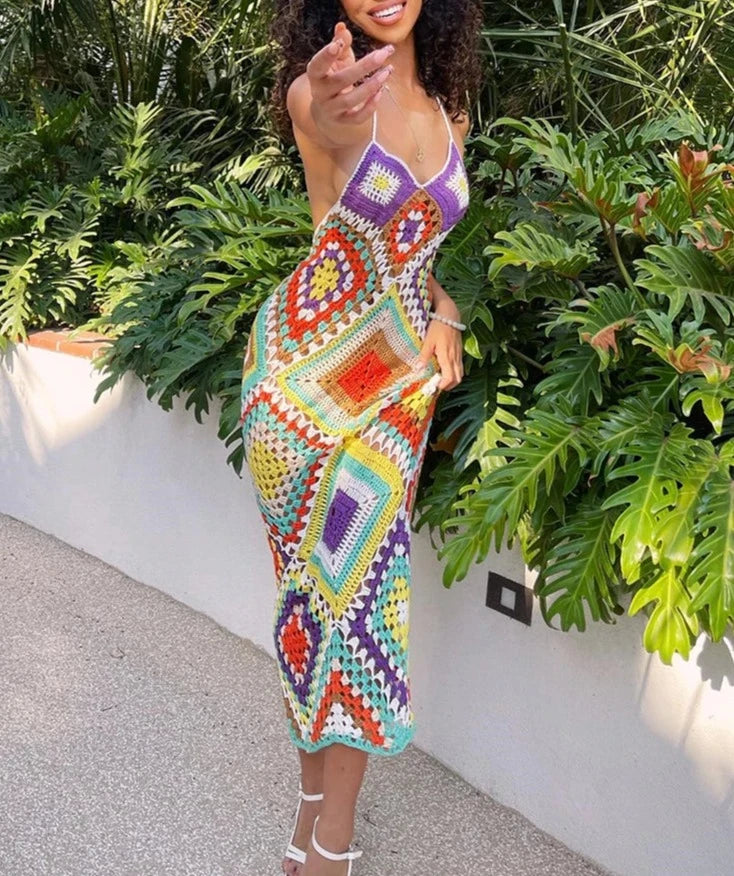 Women Bohemian Handmade Crochet Knitted Maxi Dress