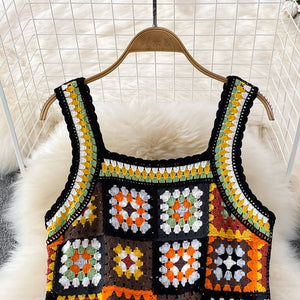 Woman Crochet Floral Strap Plaid Dress
