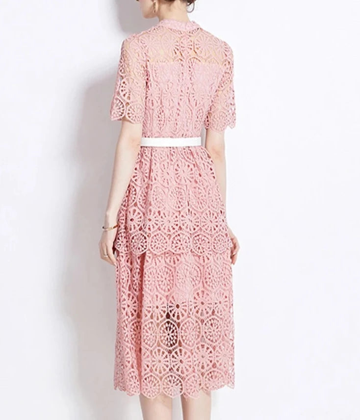 Women Chic Short Sleeve Lace Hollow Out Vestidos Dress