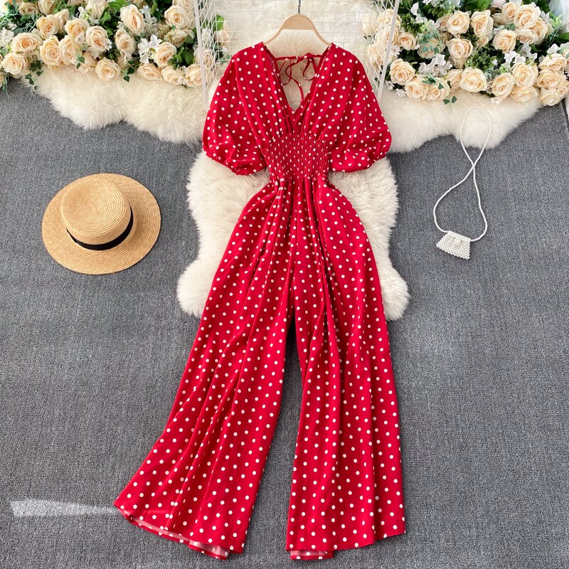 Women Polka Dot Romper Elegant V-Neck Jumpsuit