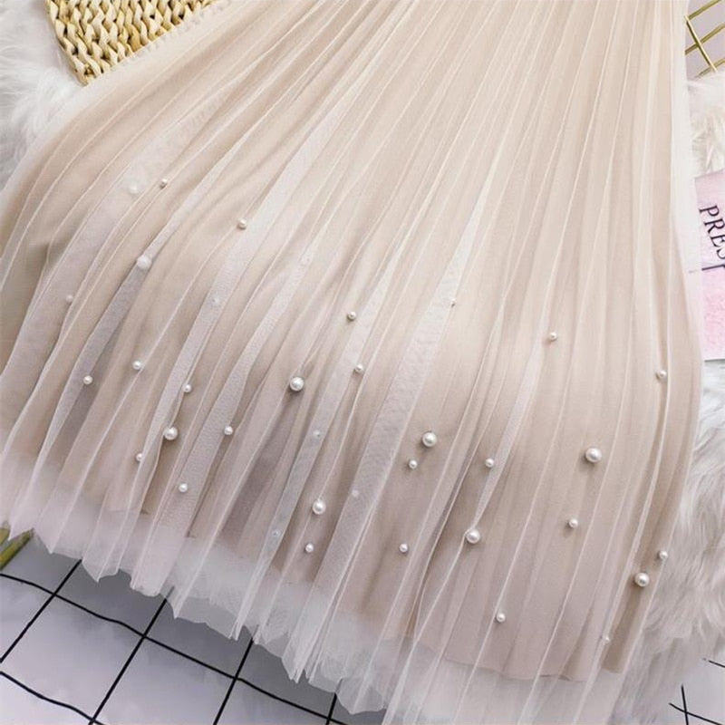 Women Both Sides Wear Pearls Mesh Skirt
