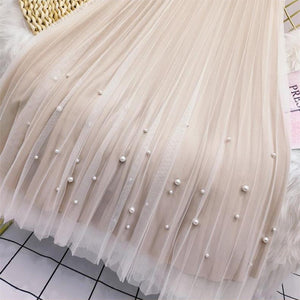 Women Both Sides Wear Pearls Mesh Skirt
