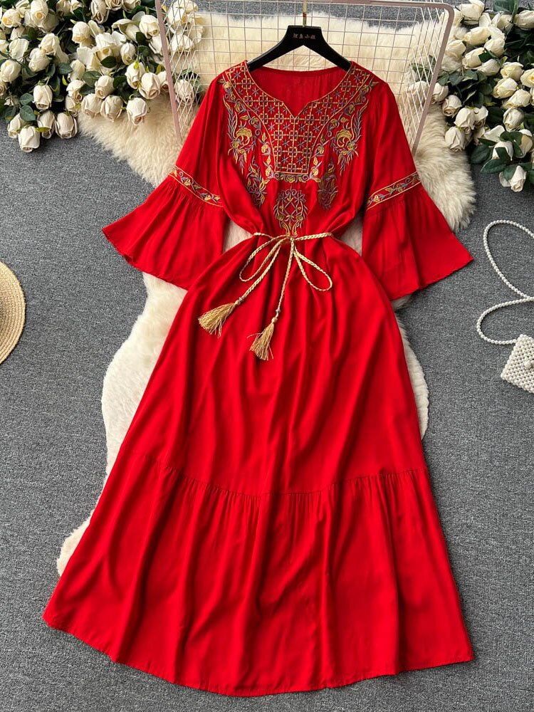 Women Bohemian Embroidered Lace Up Dress