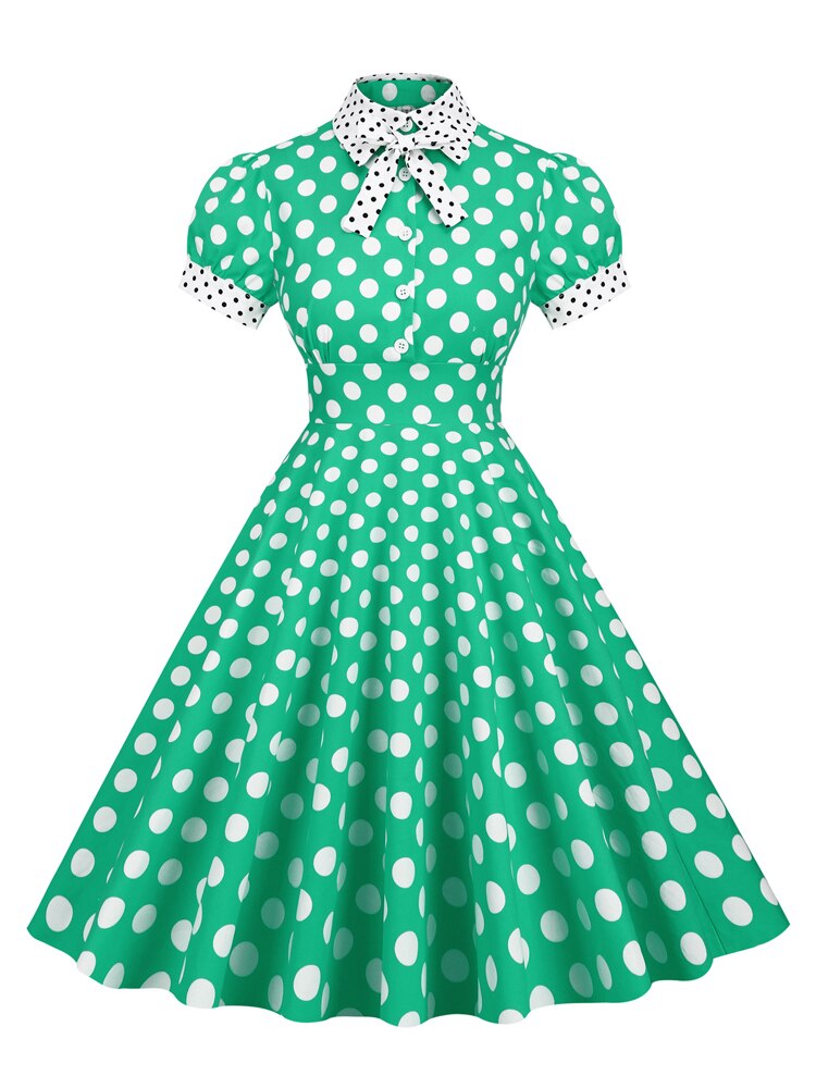 Women Contrast Dotted Collar Rockabilly Vintage Dress