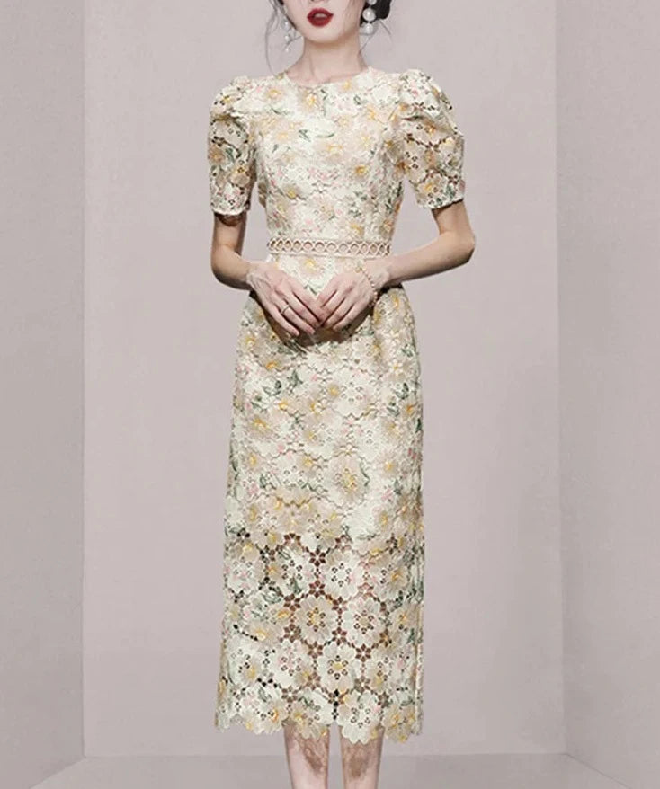 Women Vintage Embroidery Lace Hollow Out Dress