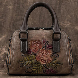 Women Floral Embossed Genuine Leather Handbag