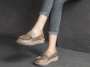 Women Retro Leather Moccasins Flats Ballet Shoes