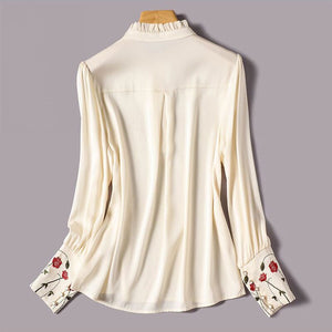 Women Embroidered Vintage Silk Blouse