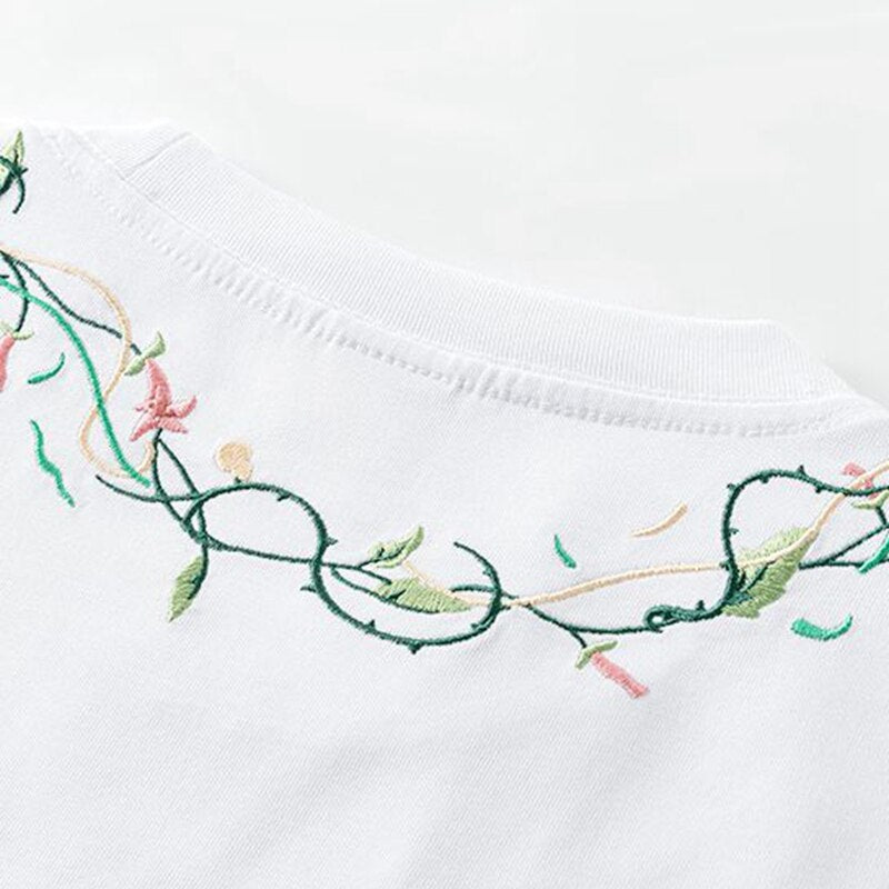 Unisex Embroidery Cotton Loose T-shirt