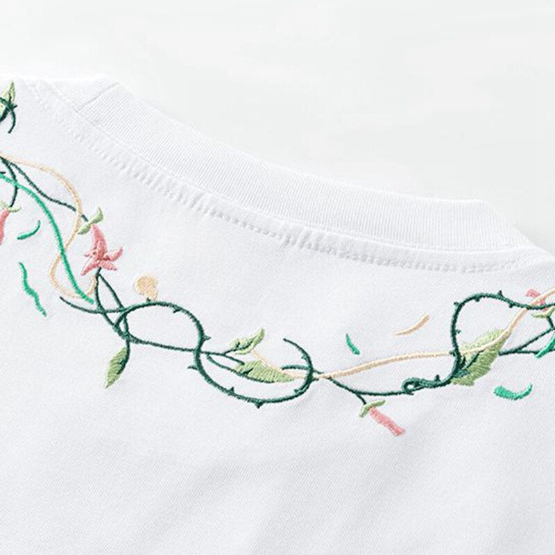 Unisex Embroidery Cotton Loose T-shirt