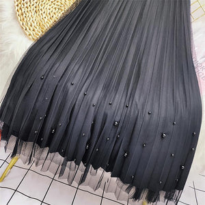 Women Both Sides Wear Pearls Mesh Skirt