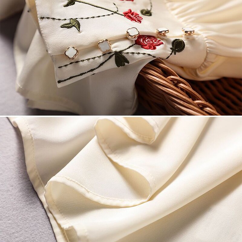 Women Embroidered Vintage Silk Blouse