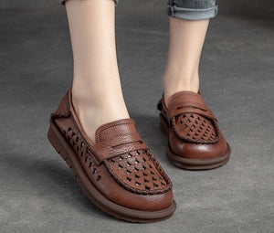 Women Retro Leather Moccasins Flats Ballet Shoes