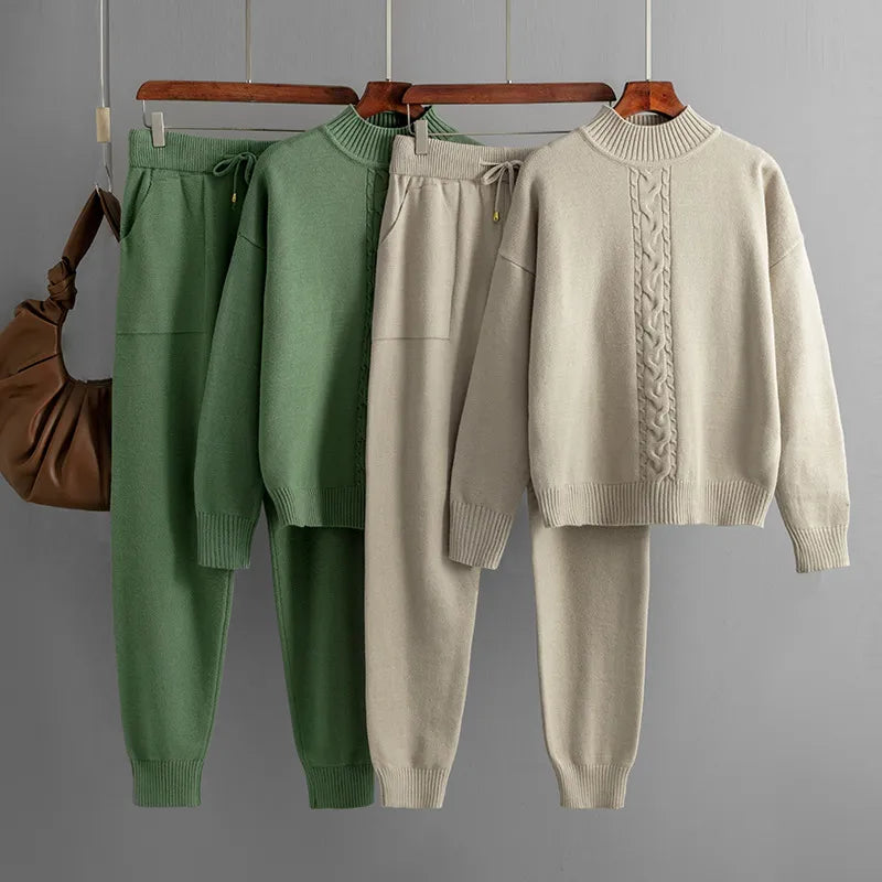 Women Cashmere Turtleneck Knit Pullover Pant Set