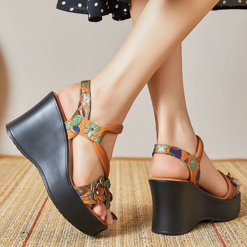 Women Genuine Leather Loop Wedges Casual Sandals