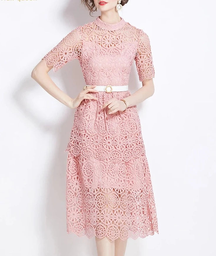 Women Chic Short Sleeve Lace Hollow Out Vestidos Dress
