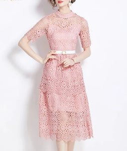 Women Chic Short Sleeve Lace Hollow Out Vestidos Dress